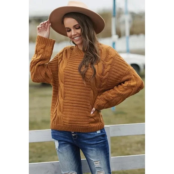 Chic Brown Cable Knit Sweater With Batwing Sleeves - Picture 2 of 5